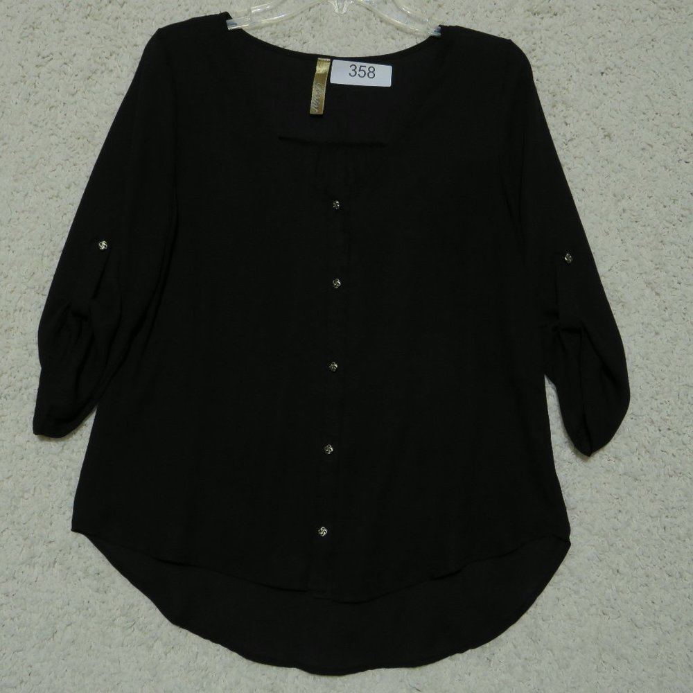 Point* Women's 3/4 Sleeve Button Down V-Neck‎ Blouse Size Medium~ Black